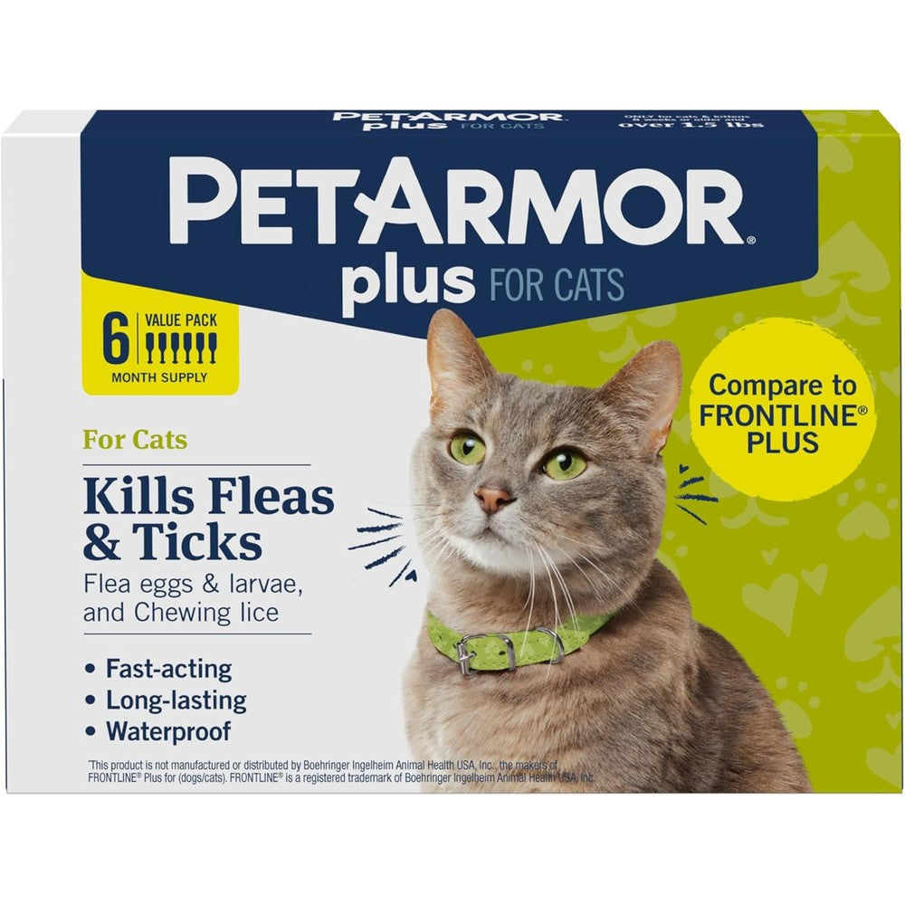 PetArmor Plus Flea and Tick Prevention for Cats packaging front view showing 6 doses