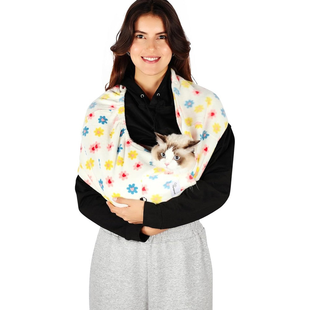 Yunpawpet Hands Free Cat And Dog Sling Carrier Ultra Soft Polar Fleece Adjustable Pet Papoose Bag Daisy Print Large Size