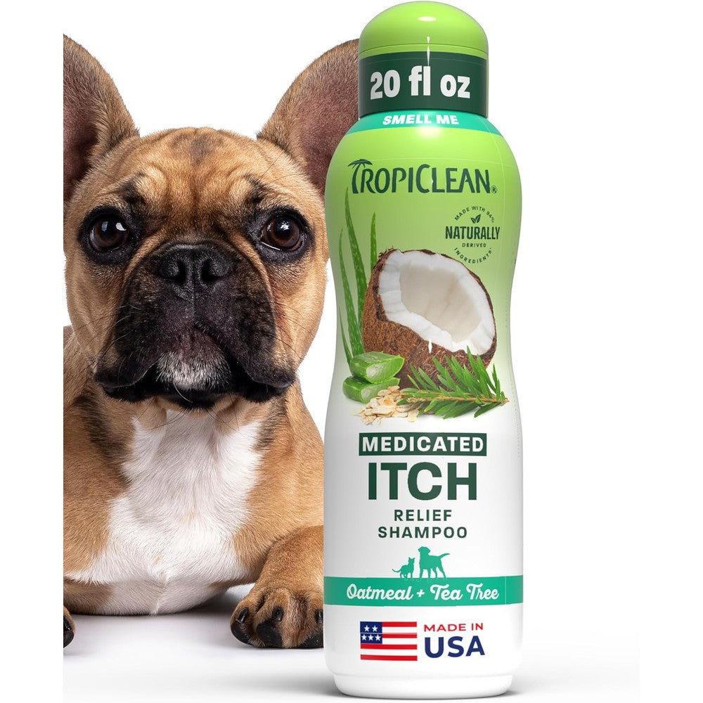 TropiClean Oatmeal And Tea Tree Medicated Itch Relief Shampoo For Dogs And Cats, Soothing Dry Skin Treatment, Made In The USA, 20 Fluid Ounces