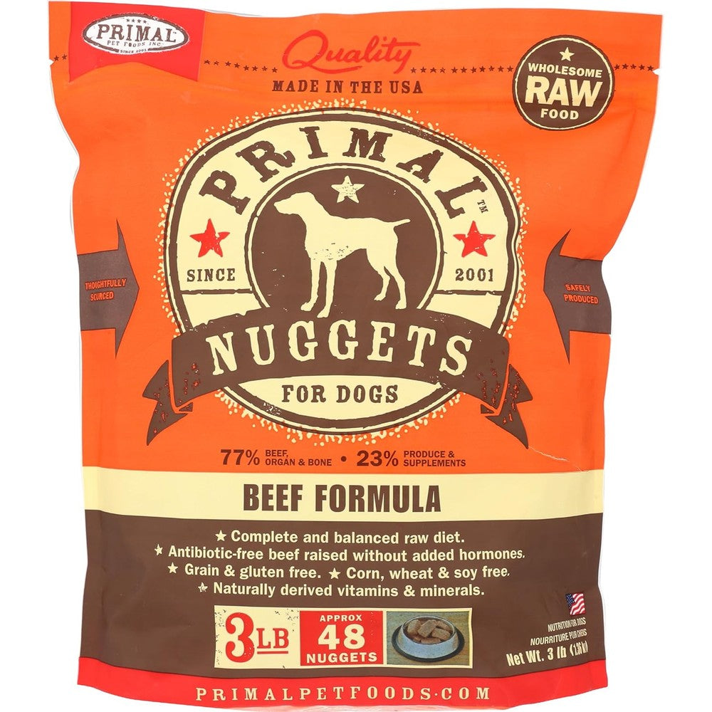 Primal Pet Foods Canine Beef Formula Raw Frozen Nuggets Complete And Balanced Nutrition For Dogs 3 Pound Resealable Bag
