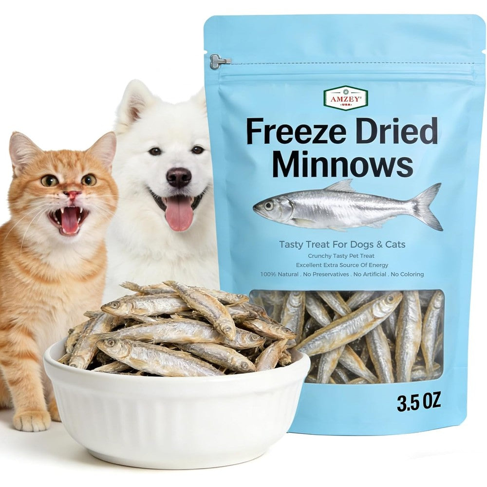 Amzey 3.5oz Minnows Dog Treats - Freeze Dried Minnows Cat Treats - High Protein & Premium Quality Training Treats - Bulk Package (1.6" to 2.8" Length Each)