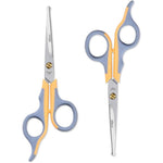 LIVINGO Professional Pet Grooming Scissors For Cats And Dogs Titanium Coated Safe Rounded Tip Shears Gray And Yellow Two Pack Six Point Five Inches