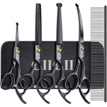 CIICII Professional Dog Grooming Scissors Kit Ten Piece Pet Shears Set With Safety Round Tip Curved Thinning Straight Scissors Black Seven Inch