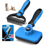 Augwind Professional 3 Pieces Self Cleaning Slicker Brush And Pet Grooming Rake And Flea Comb For Dogs Cats And Horses In Blue Color