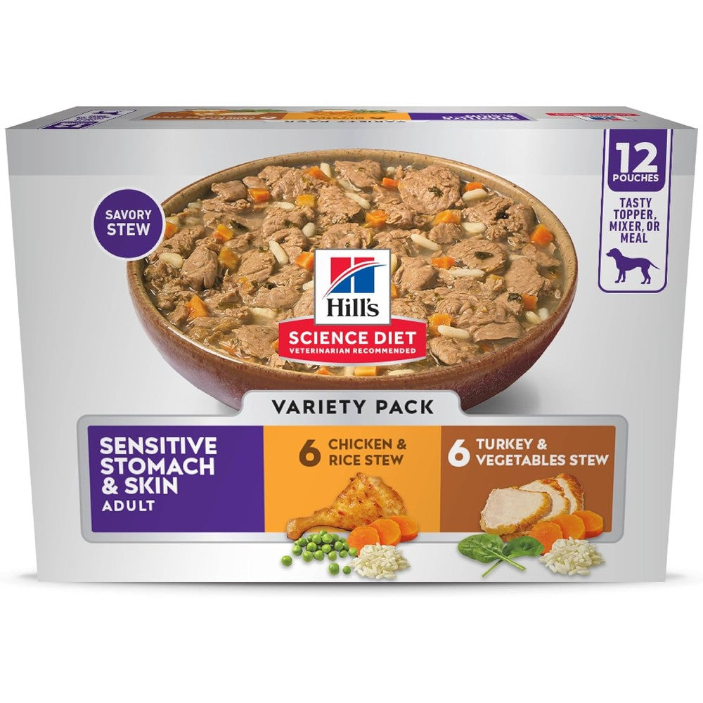 Hill's Science Diet Adult Sensitive Stomach And Skin Chicken And Turkey Stew Wet Dog Food Variety Pack Two Point Eight Ounce Pouches Twelve Pack