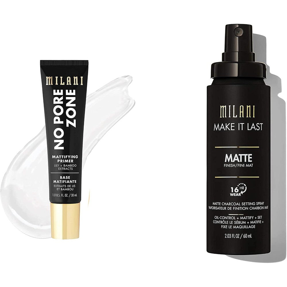 Milani No Pore Zone Mattifying Primer And Make It Last Charcoal Matte Setting Spray Combo For Oily Skin