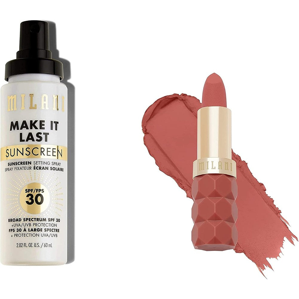 Milani Color Fetish Matte Lipstick Secret And Make It Last Sunscreen Setting Spray With SPF 30 For Makeup And Skin Protection