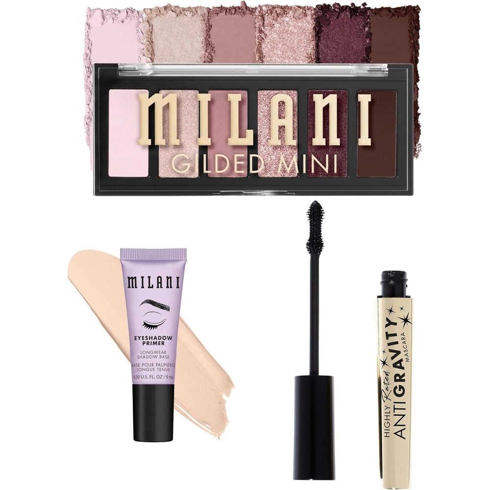 Milani Eyeshadow Primer Plus Gilded Mini Eyeshadow Palette In The Wine Down And Highly Rated Anti Gravity Mascara With Castor Oil