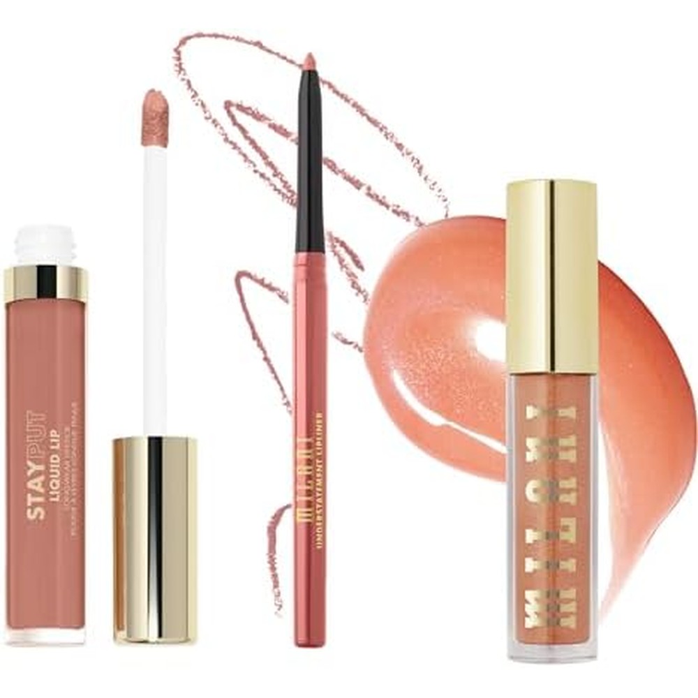 Milani Stay Put Longwear Liquid Lipstick 10/10 with Understatement Lip Liner Pencil and Keep It Full Nourishing Lip Plumper Tropical Shine Set