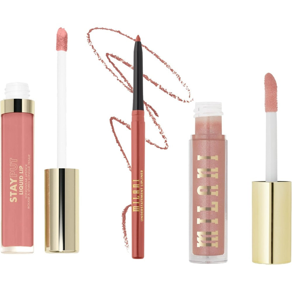 Milani Stay Put Longwear Liquid Lipstick The Moment And Understatement Lipliner Pencil And Keep It Full Nourishing Lip Plumper Prismatic Peach Thre...