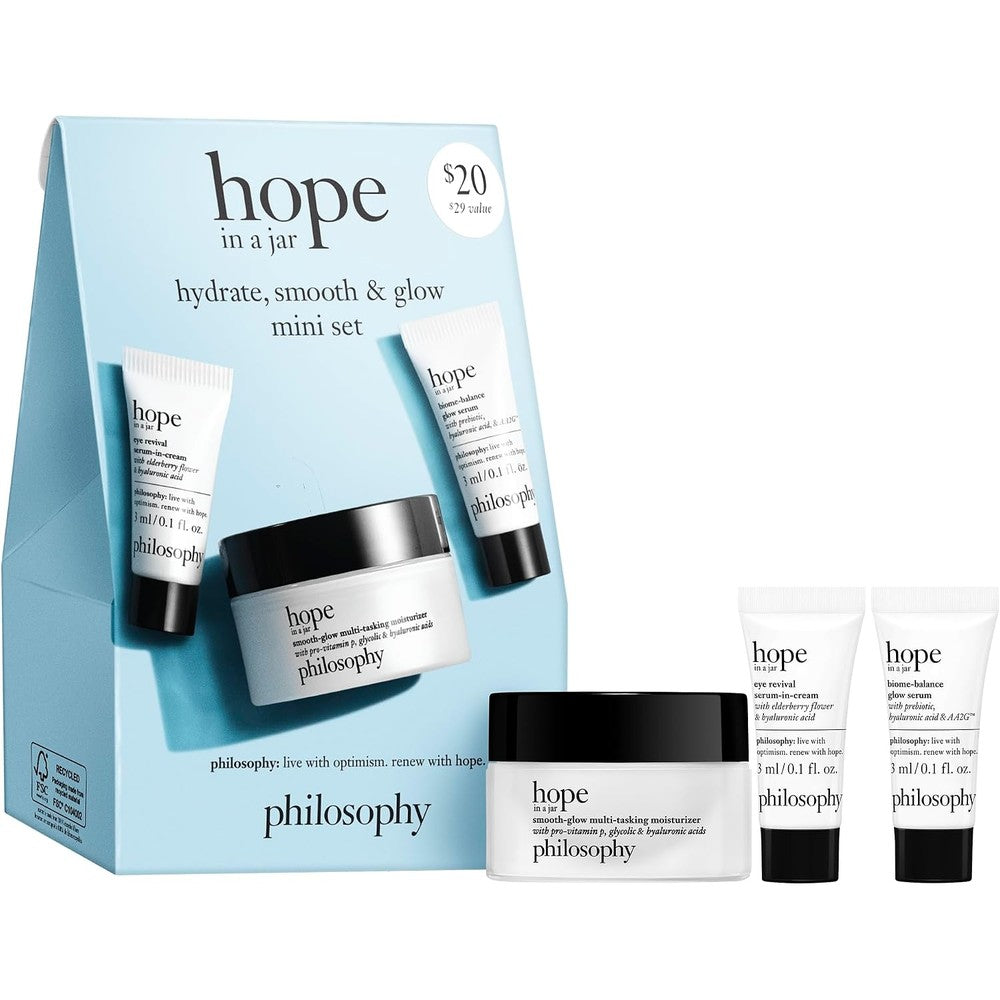 Philosophy Hope In A Jar Skincare Essentials Mini Set With Moisturizer Eye Serum And Glow Serum For Hydrated And Radiant Skin