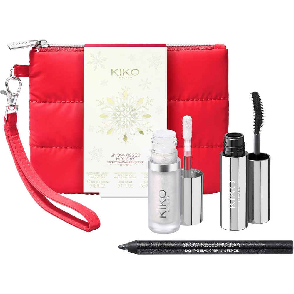 KIKO Milano Snow-Kissed Holiday Secret Santa Mini Makeup Gift Set With Volumizing Mascara Eye Pencil And Liquid Highlighter Three Piece Kit