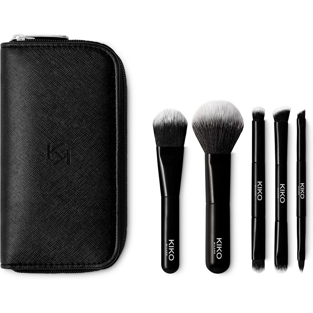 KIKO Milano Travel Brush Set Featuring Five Professional Makeup Brushes With Eight Applicators And A Durable Washable Saffiano Effect Zipper Pouch