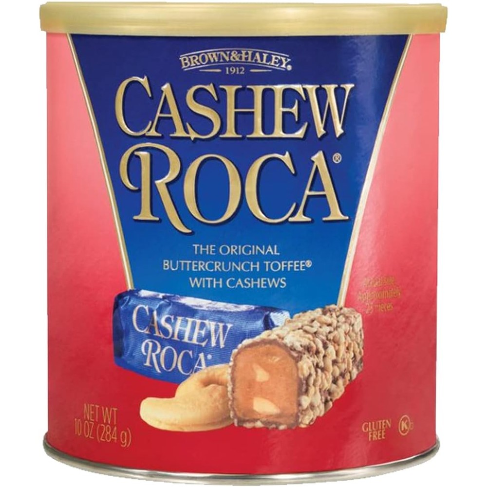 Brown And Haley Cashew Roca 10 Ounce Canister front view gourmet buttercrunch toffee