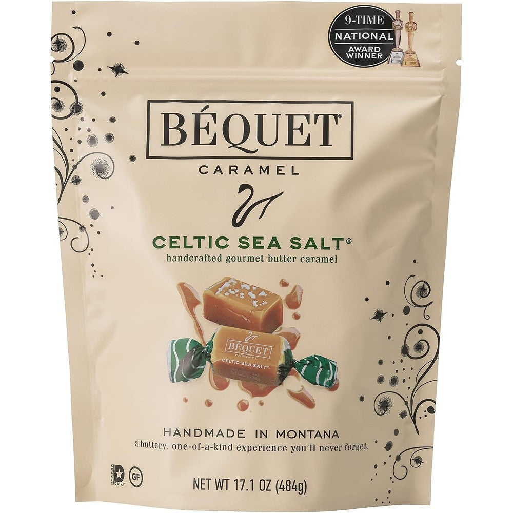 Béquet Gourmet Caramel Celtic Sea Salt 17.1 Ounce pouch front view authentic USA imported sweets.