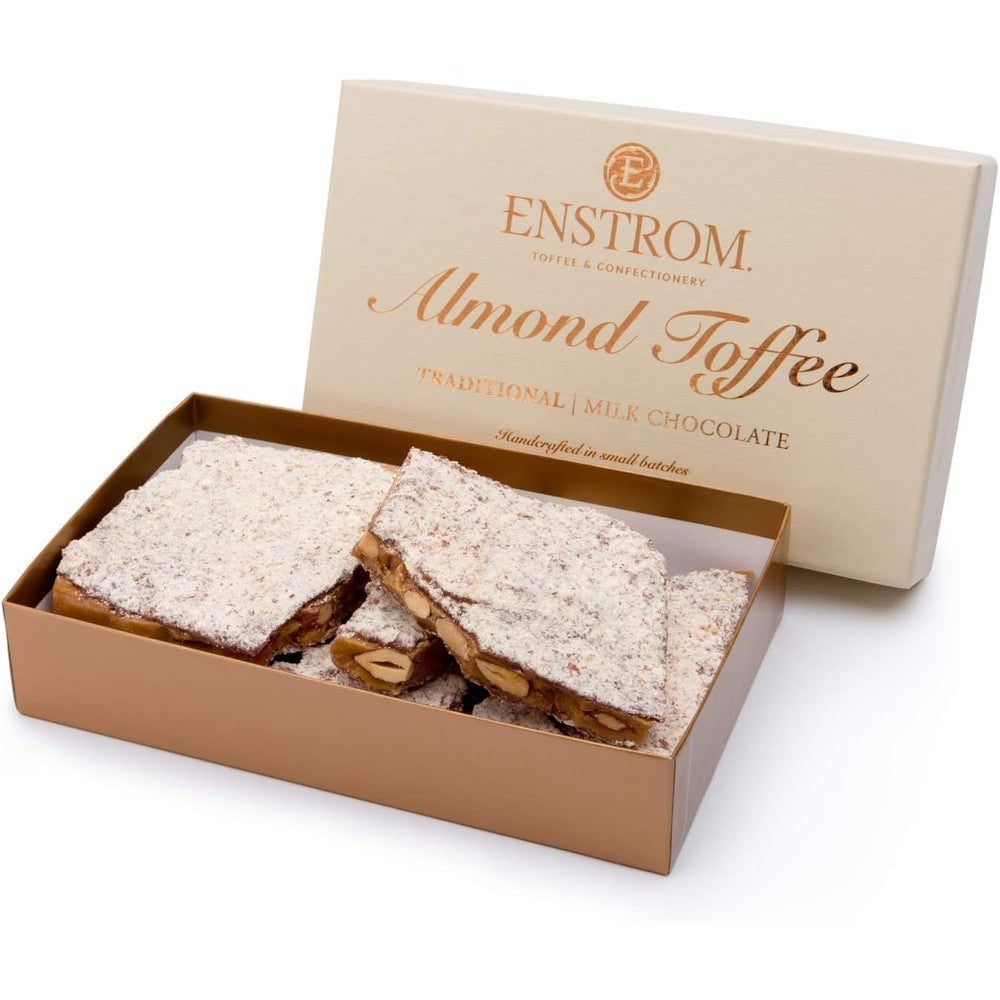 Enstrom Milk Chocolate Almond Toffee front view of the premium gold gift box