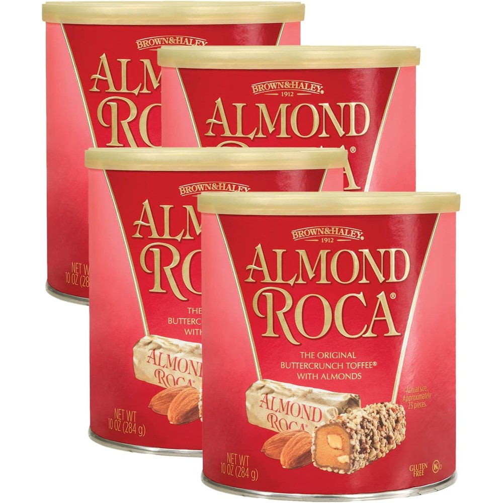 Roca Almond Buttercrunch Toffee four pack canisters front view showcasing premium chocolate candy packaging.