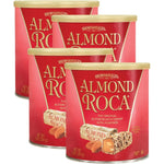 Roca Almond Buttercrunch Toffee four pack canisters front view showcasing premium chocolate candy packaging.