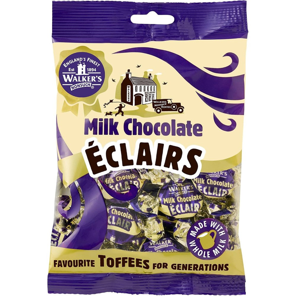 Walkers Nonsuch Milk Chocolate Eclairs 150g bag front view showing authentic imported British packaging.