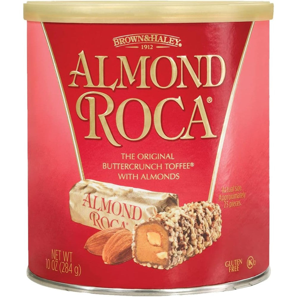 Roca Almond Roca original buttercrunch toffee canister front view showcasing the iconic pink tin packaging.