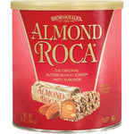Roca Almond Roca original buttercrunch toffee canister front view showcasing the iconic pink tin packaging.