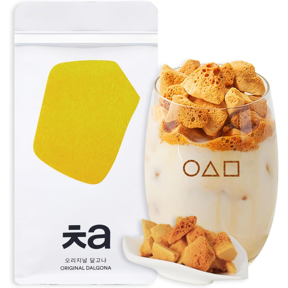 K Food Dalgona Cafe CHA sugar candy front packaging view showing authentic Korean honeycomb toffee.