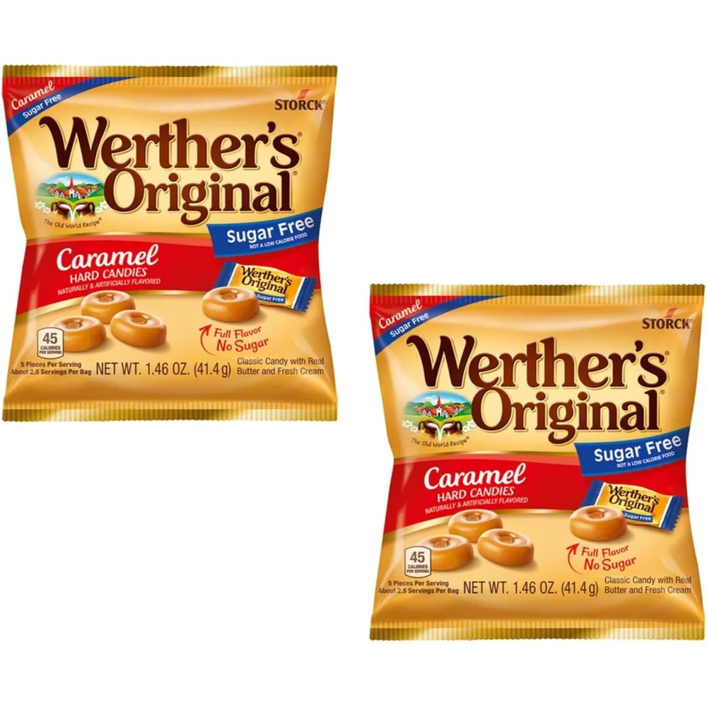 Werther's Original Caramel Hard Candies front view of two small import bags.