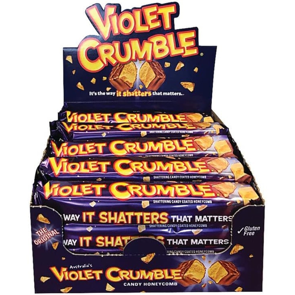 Robern Menz Violet Crumble Chocolate Bars 20 Count Box front view showing premium imported Australian honeycomb candy.