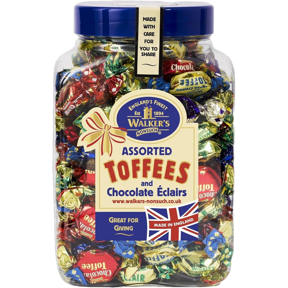 Walkers Nonsuch Assorted Toffees and Chocolate Eclairs front view jar of imported British candy