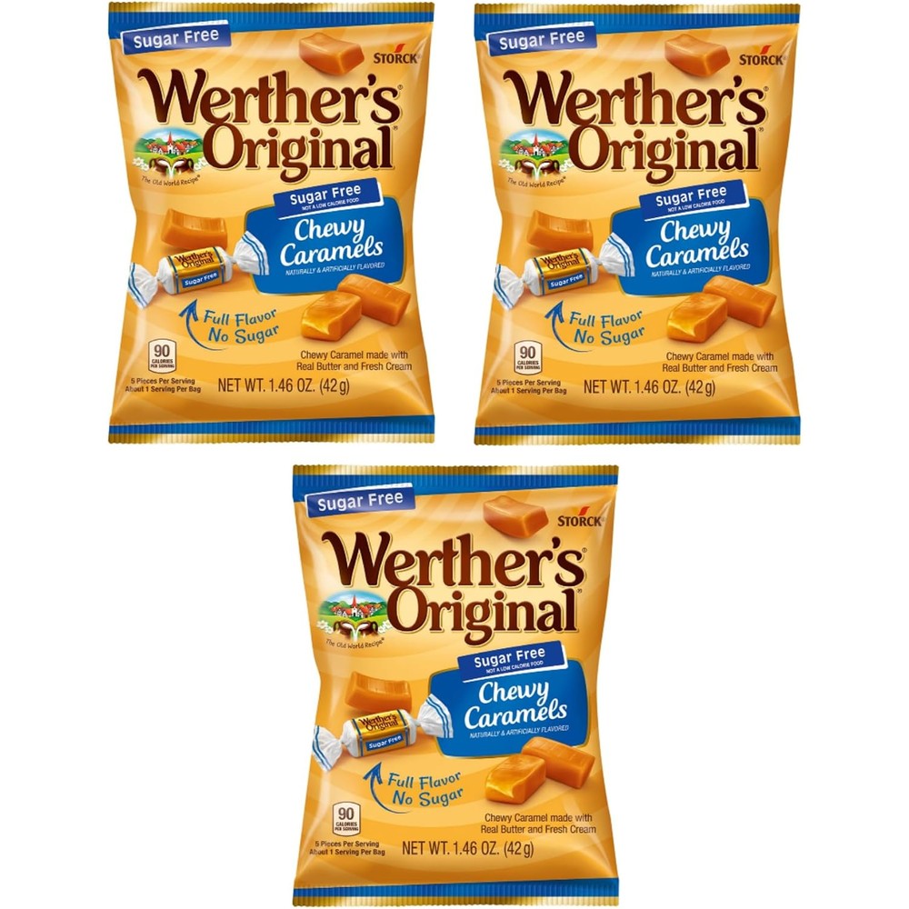 Werther's Original Sugar Free Chewy Caramels front view pack of three imported USA candies.