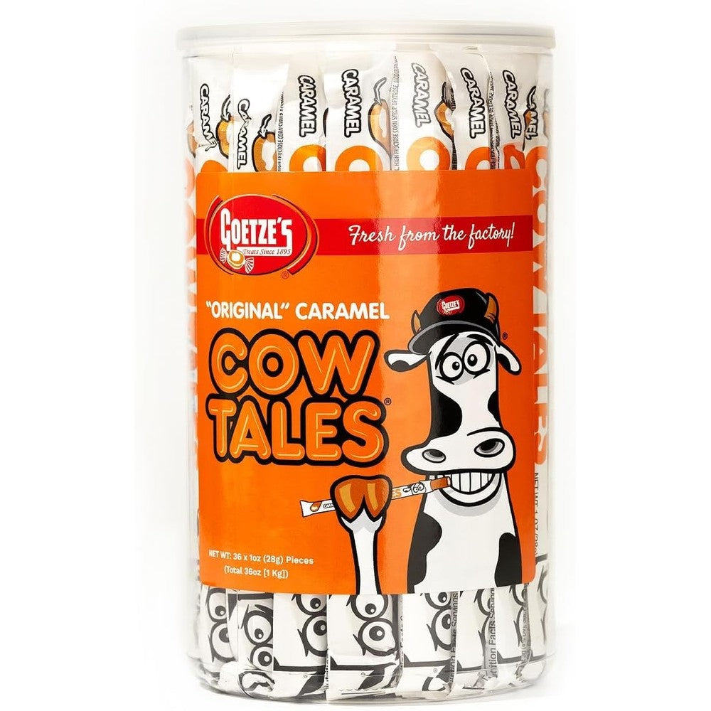 Goetze's Vanilla Caramel Cow Tales 36 count canister front view showing authentic imported packaging.