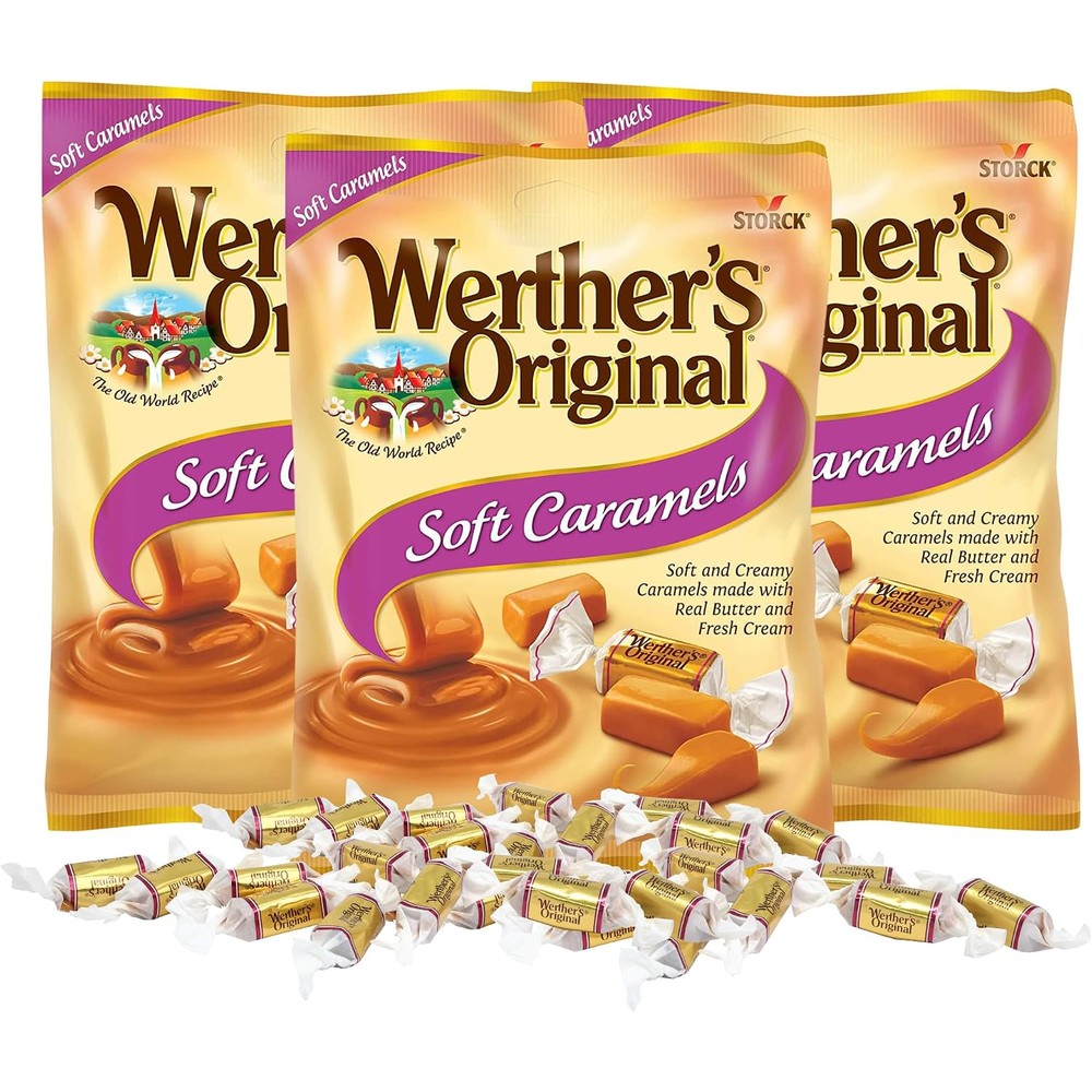 Werther's Original Soft Caramels front view of the three pack candy bags.