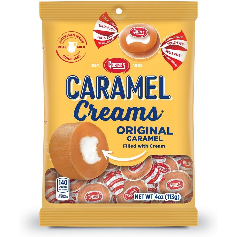 Goetze's Candy Classic Vanilla Caramel Creams four ounce bag front view displaying authentic USA imported chewy candies.
