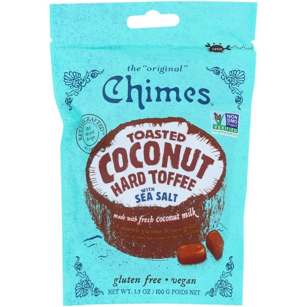 Chimes Toasted Coconut Hard Toffee Bag front view showcasing vegan credentials