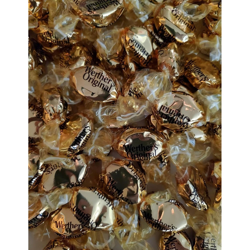Werther's Original Hard Caramel Candies one pound bag front view showing authentic imported golden butterscotch candy.