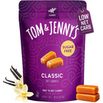 Tom and Jenny's sugar free caramel candy purple bag front view