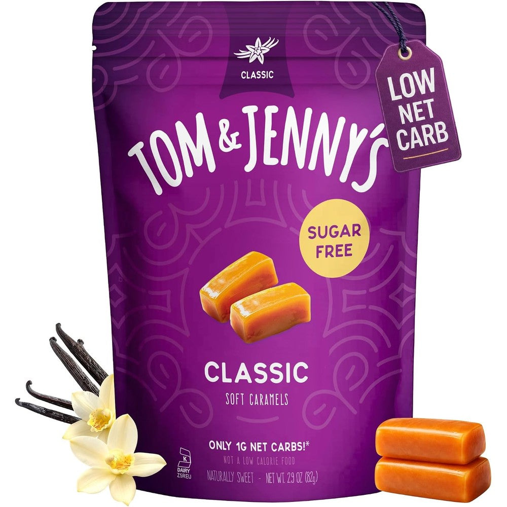 Tom and Jenny's sugar free caramel candy purple bag front view