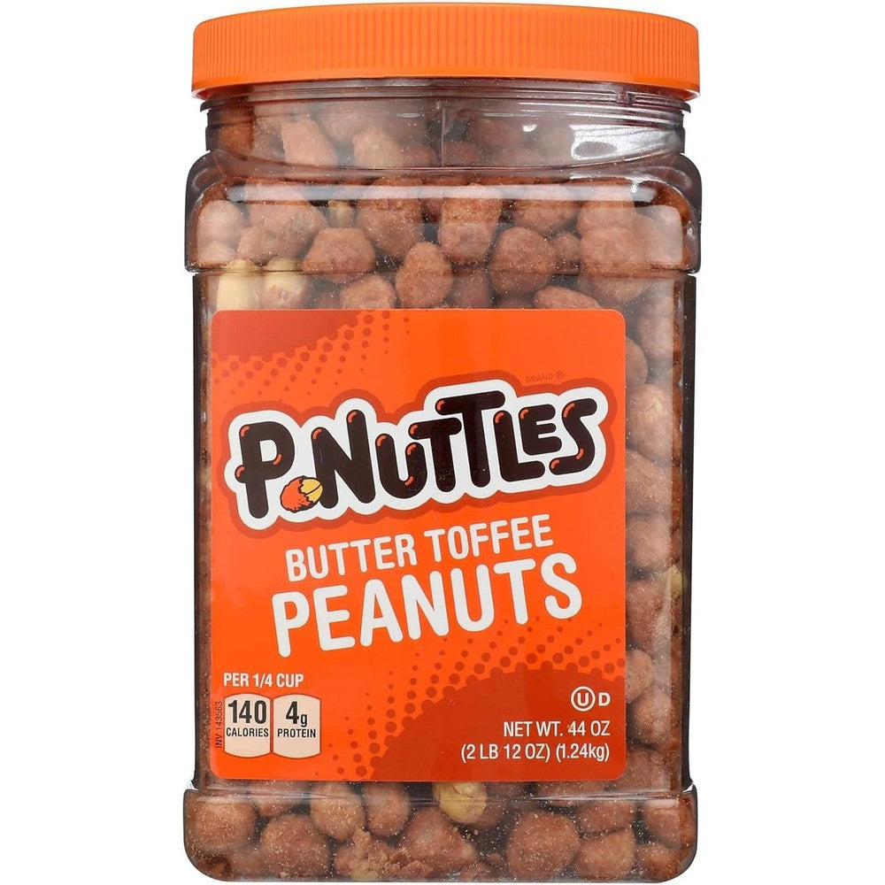 P-Nuttles Butter Toffee Covered Peanuts 44 ounce jar front view showcasing the sweet and salty roasted nuts packaging.