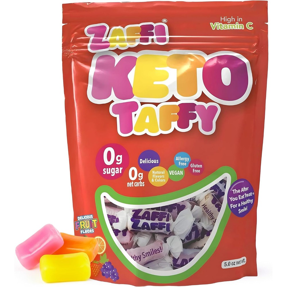 Zollipops Zaffi Keto Taffy Sugar Free Candy 5 Ounce front pouch packaging buy online