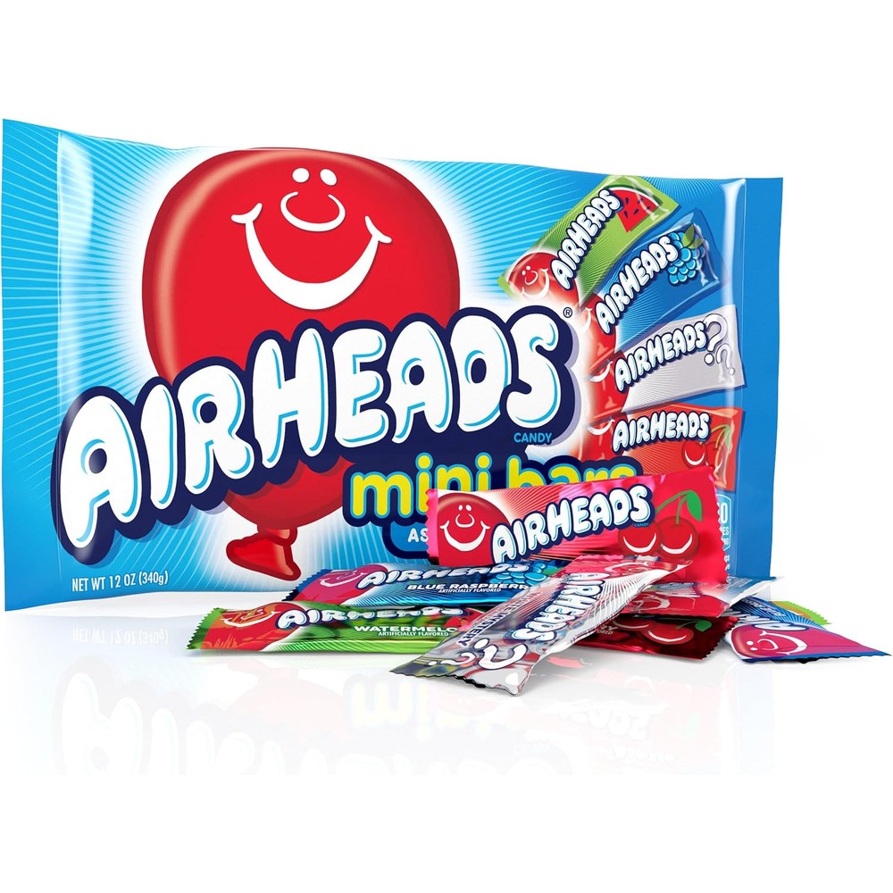 Airheads Candy Mini Bars Assorted Flavors 12 Ounce Bag front pack view imported USA candy