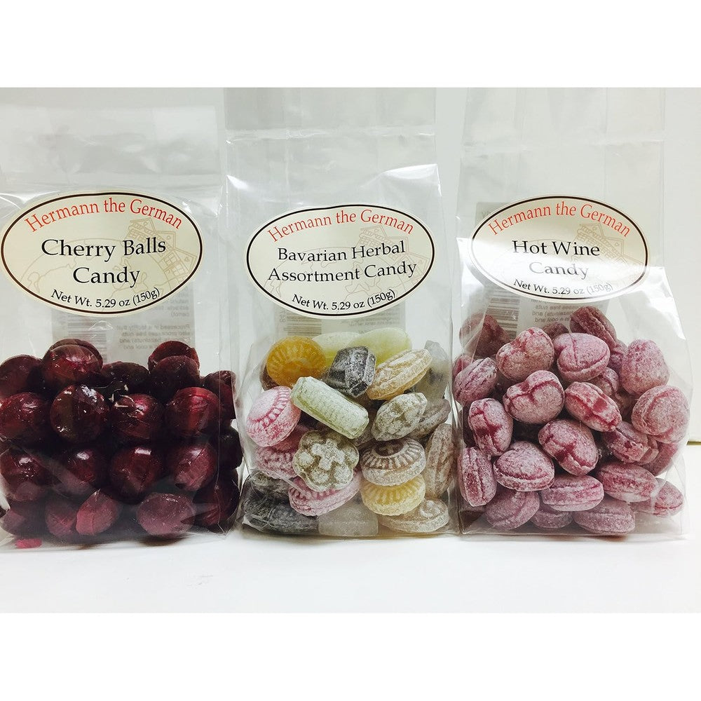 Hermann the German variety candy pack front view featuring three assorted bags