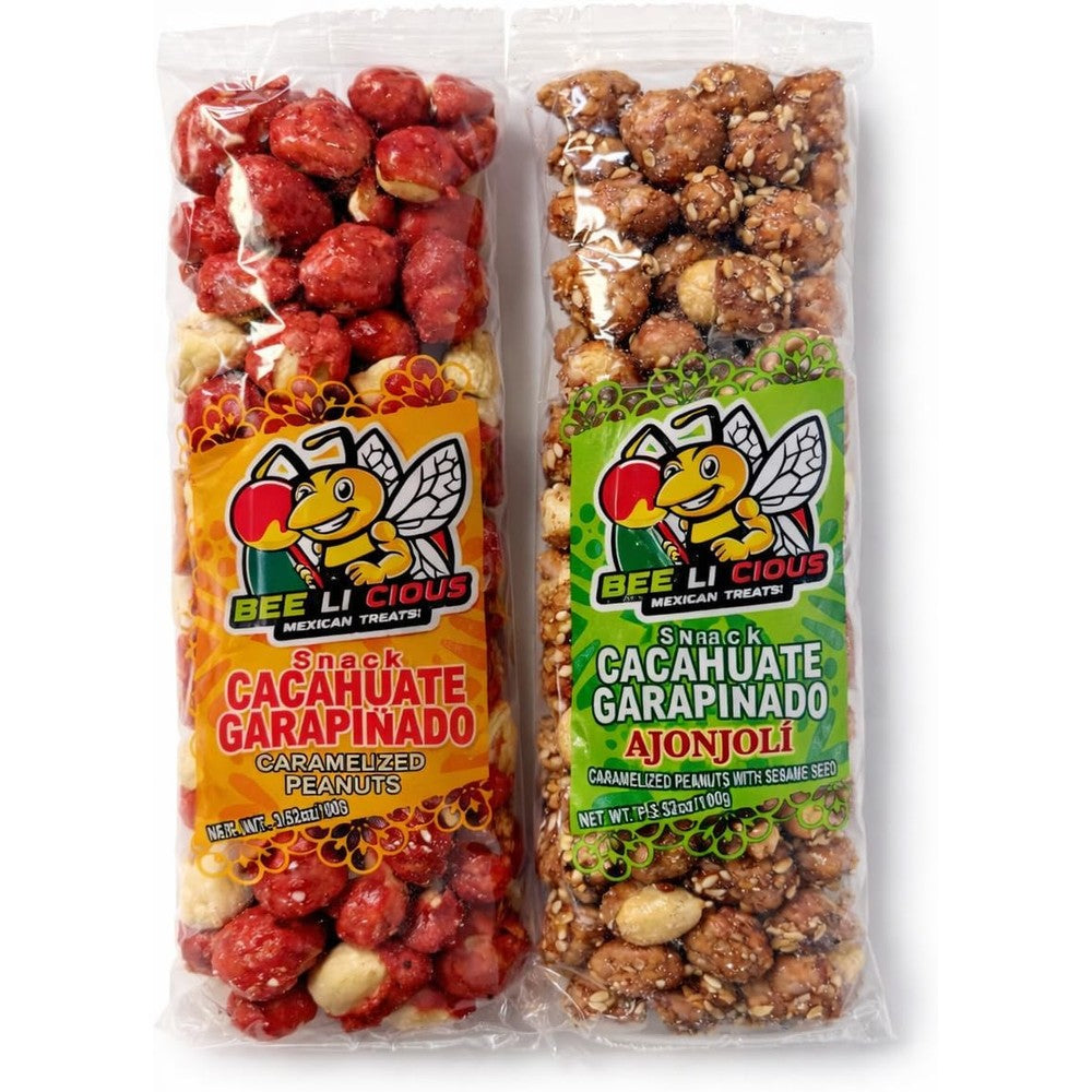 Bee Li Cious Mexican Peanut Candy Variety Pack front view showing authentic caramelized red and sesame glazed peanuts.