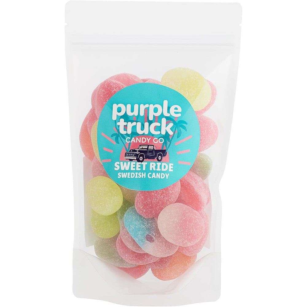 Swe Sweets Purple Truck Candy Co Sweet Ride Swedish Candy Mix front view of the 8 ounce bag showcasing vegan gummies.