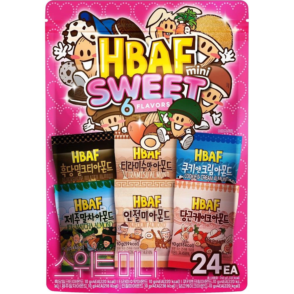 HBAF Almond Sweet Mini Pack variety box front view showing Korean dessert flavors