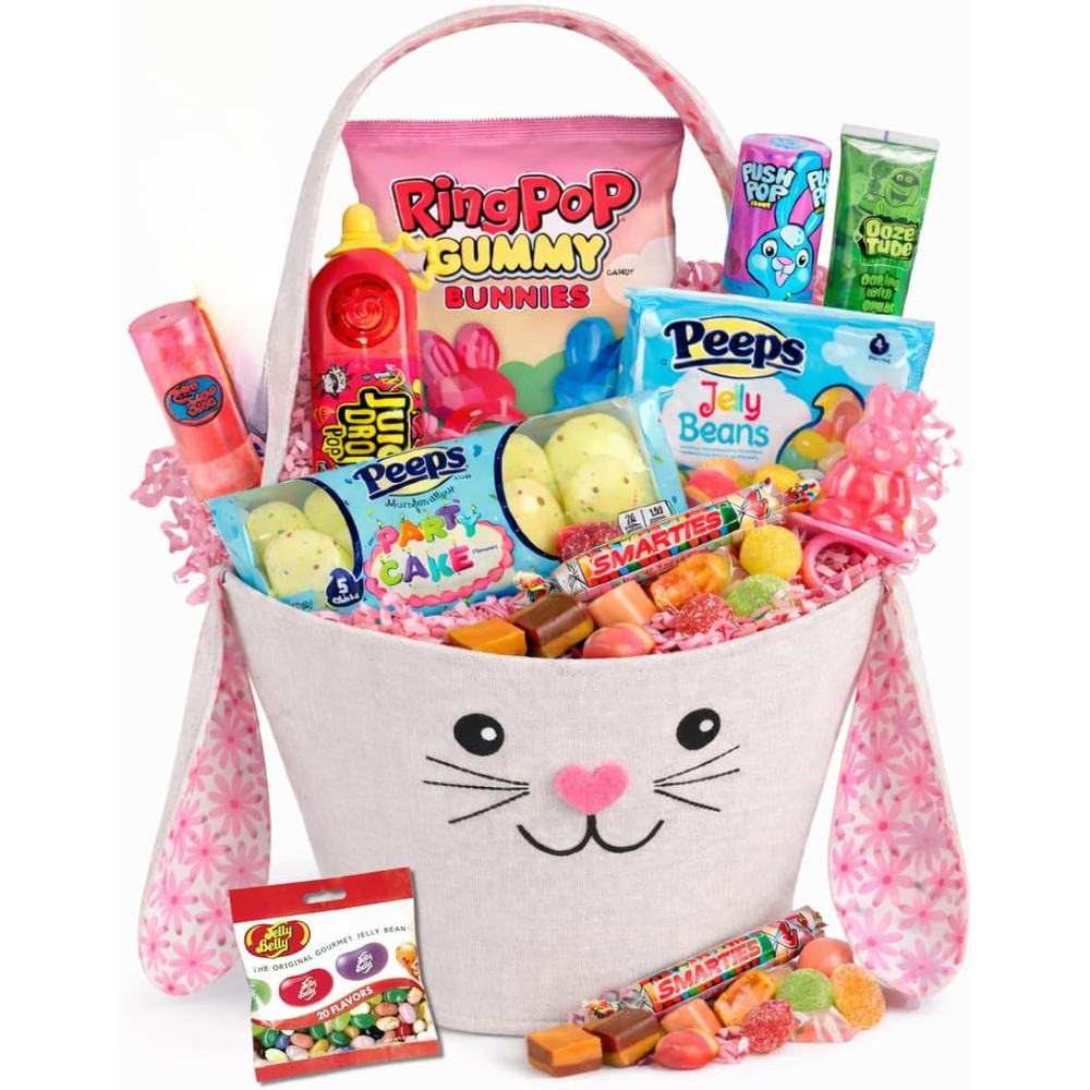 FunFlavorsBox complete Easter candy gift basket front view showing pink canvas bunny bag