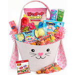 FunFlavorsBox complete Easter candy gift basket front view showing pink canvas bunny bag