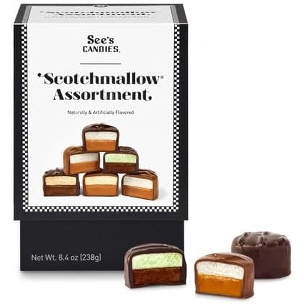 See's Candies Australia Scotchmallow Assortment 12 piece box front view showcasing imported luxury chocolate gift packaging.