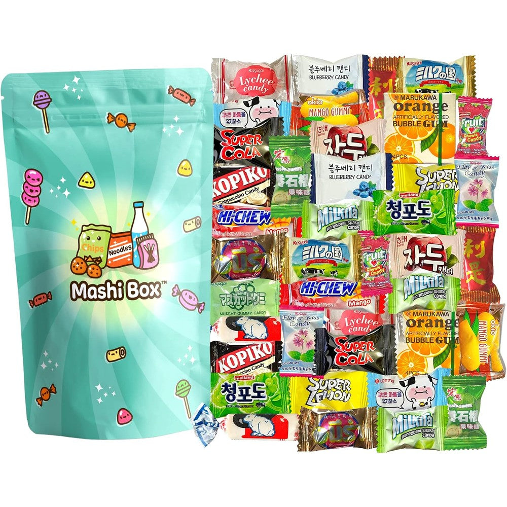 Mashi Box Asian candy mystery variety pack front view of the snack curation box.