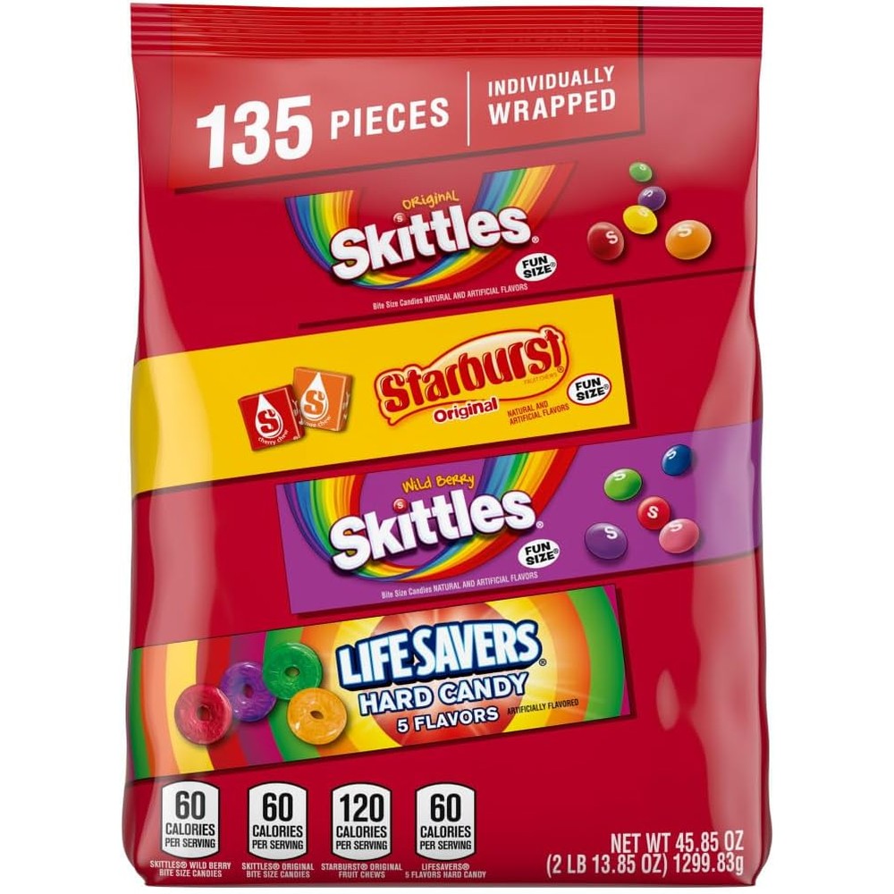Wrigley's Skittles and Starburst 135 count bulk bag front view showing assorted fruity candies.