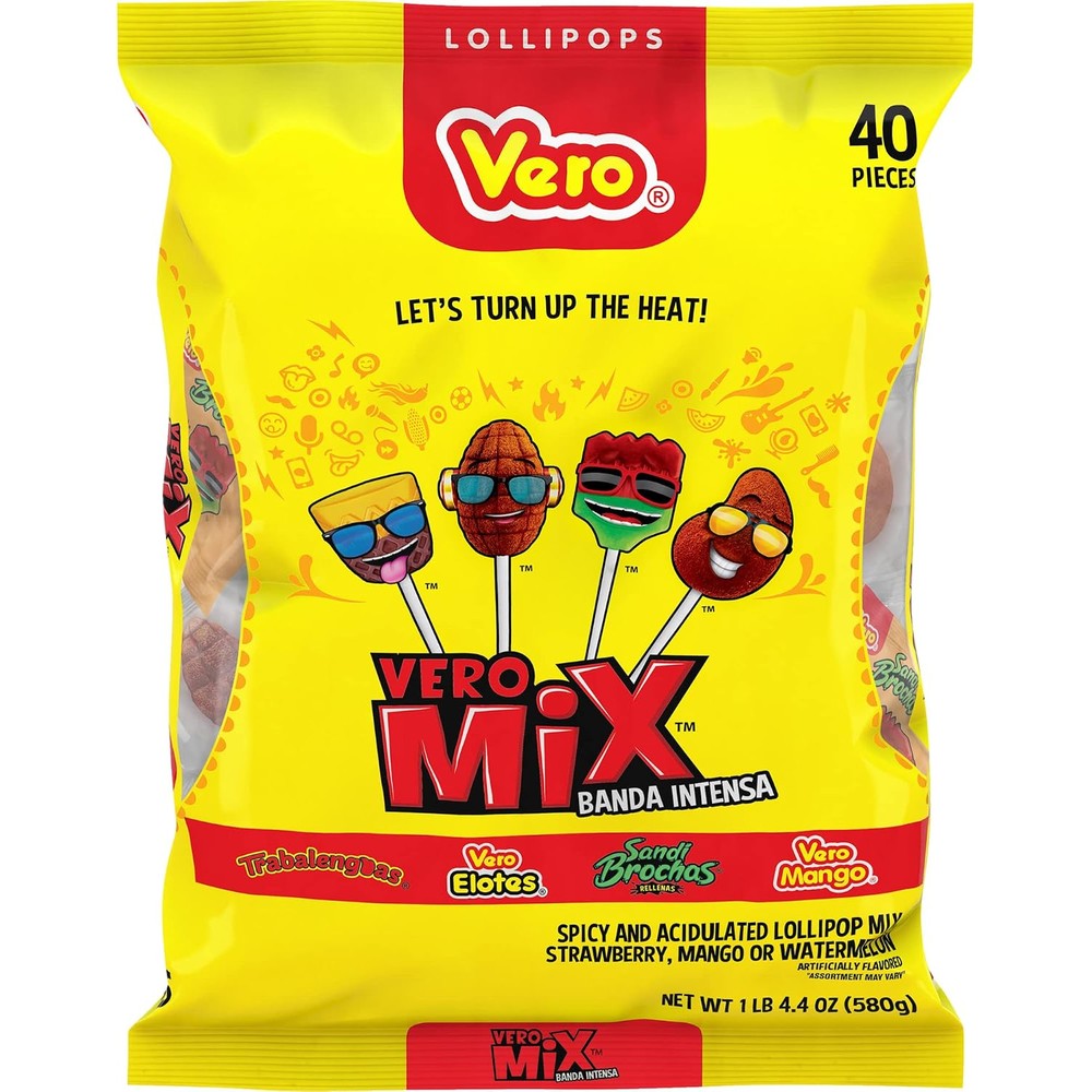 Takis Vero Banda Fuego Mix Assorted Chili Lollipops front view of forty count bag packaging